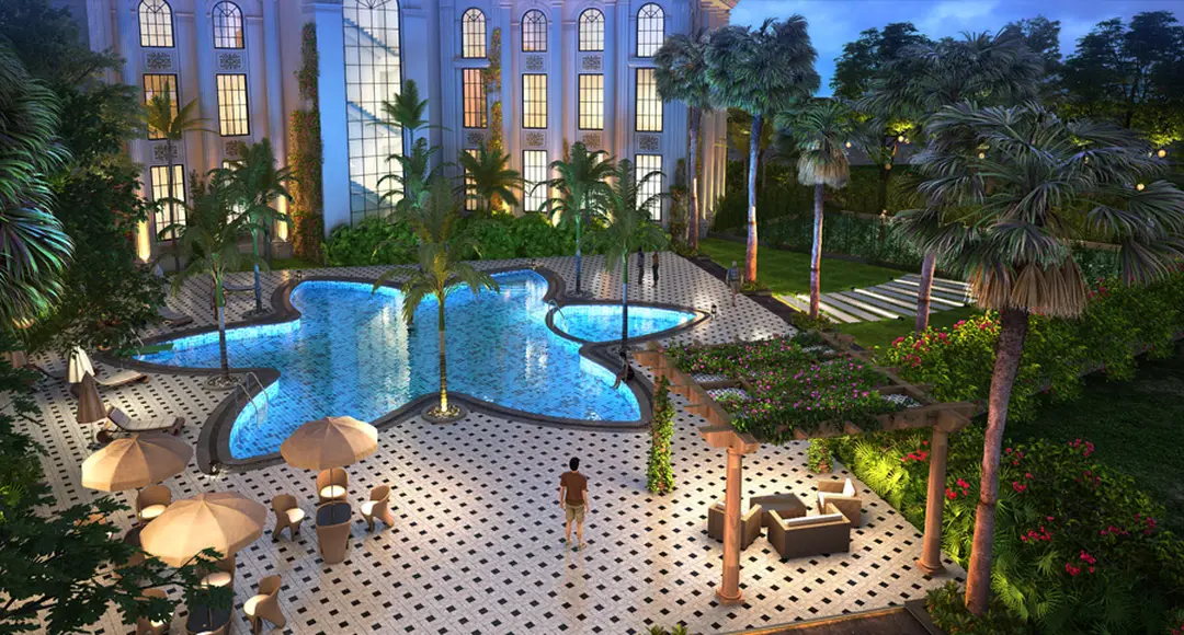 Swimming pool and landscaped recreation